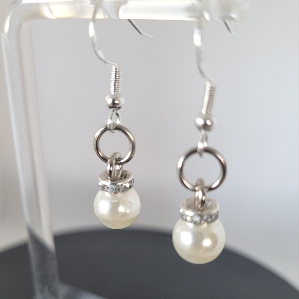 Handmade faux ivory pearls & clear rhinestones, hypoallergenic 925 silver hooks